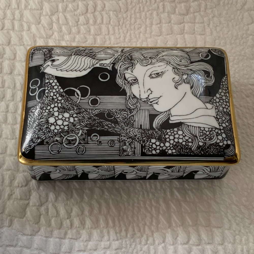 Vintage 80s Hollohaza Szasz Endre Porcelain Lidded Box Trinket 21K Gold Plated - Picture 3 of 13